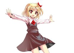 Rule 34 | 1girl, :d, alphes (style), araki (qbthgry), bad id, bad pixiv id, blonde hair, blouse, embodiment of scarlet devil, female focus, hair ribbon, necktie, open mouth, outstretched arms, parody, red eyes, ribbon, rumia, shirt, short hair, skirt, smile, solo, spread arms, style parody, touhou, transparent background, vest