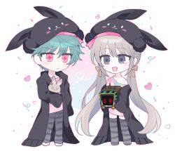 Rule 34 | + +, :d, animal ears, animal hat, bare shoulders, black headwear, black robe, brown hair, chaos (g ieep), character request, chibi, closed mouth, fake animal ears, g ieep, green hair, grey eyes, hair between eyes, hair ribbon, hat, heart, holding, long hair, long sleeves, low twintails, maplestory, nicky angler, no shoes, off shoulder, open clothes, open mouth, open robe, pants, pink eyes, pink shirt, rabbit ears, rabbit hat, ribbon, ribbon-trimmed shirt, robe, shirt, sleeves past fingers, sleeves past wrists, smile, standing, striped clothes, striped pants, striped thighhighs, stuffed animal, stuffed rabbit, stuffed toy, thighhighs, twintails, very long hair, yellow ribbon
