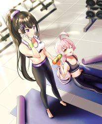 Rule 34 | 2girls, ahoge, black hair, blue archive, breasts, cleavage, collarbone, commentary request, gym uniform, hair ornament, highres, hoshino (blue archive), long hair, mamyommi, medium breasts, midriff, multiple girls, navel, one eye closed, pink hair, ponytail, purple eyes, sitting, sports bra, sumire (blue archive)