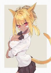 Rule 34 | 1girl, animal ears, warrior of light (ff14), blonde hair, bow, breasts, cat ears, cat tail, cleavage, crossed arms, dark-skinned female, dark skin, facial mark, fangs, final fantasy, final fantasy xiv, hair bow, highres, hiyo moo, large breasts, long hair, looking at viewer, miqo&#039;te, pleated skirt, red eyes, shirt, simple background, skirt, smile, solo, tail, two-tone background, white shirt