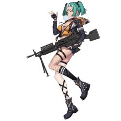 Rule 34 | 1girl, asymmetrical legwear, black footwear, black gloves, boots, braid, breasts, blowing bubbles, chewing gum, cleavage, earrings, evan yang, eyebrows, female focus, fingerless gloves, full body, girls&#039; frontline, gloves, green hair, gun, holding, holding gun, holding weapon, jacket, jewelry, large breasts, looking at viewer, machine gun, mismatched legwear, mk46 (girls frontline), multicolored hair, official art, solo, transparent background, trigger discipline, two-tone hair, uneven legwear, w, weapon, yellow eyes