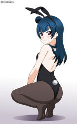 Rule 34 | 1girl, absurdres, animal ears, ass, back, black dress, blue hair, breasts, commentary, dress, highres, leotard, looking at viewer, love live!, love live! sunshine!!, oxicmar, pantyhose, playboy bunny, purple eyes, rabbit ears, rabbit tail, small breasts, solo, squatting, tail, tsushima yoshiko, twitter username, white background