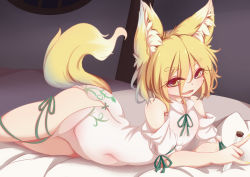 Rule 34 | 1girl, absurdres, animal ear fluff, beaker, blonde hair, chinese clothes, dior-zi, fox girl, hair between eyes, highres, kudamaki tsukasa, looking at viewer, lying, on stomach, open mouth, pussy, short hair, smile, solo, touhou, yellow eyes