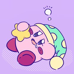 Rule 34 | blue eyes, blush, blush stickers, drooling, flat color, full body, green hat, half-closed eyes, hat, highres, kirby, kirby (series), lying, miwa (ahyuck), nightcap, nintendo, no humans, on side, open mouth, polka dot headwear, pom pom (clothes), purple background, saliva, simple background, sketch, sleep kirby, sleepy, solid oval eyes, solo, star (symbol)