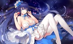 Rule 34 | 1girl, :q, absurdres, ass, bare back, bare shoulders, blue eyes, blue flower, blue hair, blue ribbon, blue rose, breasts, bridal garter, cookie, dress, flower, food, fruit, hair flower, hair ornament, highres, honkai (series), honkai impact 3rd, large breasts, long hair, looking at viewer, meinuoxuan 999, neck ribbon, raiden mei, raiden mei (valkyrie bladestrike), revealing clothes, ribbon, rose, sash, sitting, smile, solo, space, star (sky), strapless, strapless dress, strawberry, thighhighs, tongue, tongue out, very long hair, white thighhighs