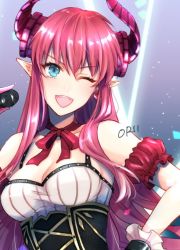 Rule 34 | 10s, 1girl, armband, asymmetrical horns, bad id, bad twitter id, bare shoulders, blue eyes, breasts, cleavage, corset, dress, elizabeth bathory (fate), elizabeth bathory (fate/extra ccc), fate/extra, fate/extra ccc, fate (series), frills, hair down, holding, horns, idol, long hair, microphone, aged up, one eye closed, open mouth, orii, orii (orii i), pink hair, pointy ears, rojiura satsuki : chapter heroine sanctuary, signature, smile, solo, upper body
