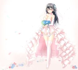 Rule 34 | 1girl, bad id, bad twitter id, black hair, blue flowers, bouquet, breasts, bridal veil, cleavage, dress, flower, frilled skirt, frills, full body, gloves, hair ribbon, high heels, highres, holding, holding bouquet, large breasts, long hair, looking at viewer, neck ribbon, petals, phantasy star, phantasy star online 2, red eyes, ribbon, simple background, skirt, smile, solo, standing, thighhighs, thighs, veil, wedding dress, white background, white gloves, white thighhighs, yuano