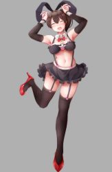 Rule 34 | 10s, 1girl, :d, ^ ^, absurdres, anger vein, animal ears, blush, breasts, brown hair, closed eyes, fake animal ears, full body, garter straps, grey background, heart, high heels, highres, kaga (kancolle), kantai collection, large breasts, leg up, leotard, long hair, looking at viewer, navel, nicoby, open mouth, out of character, playboy bunny, rabbit ears, rabbit pose, red footwear, shoes, side ponytail, simple background, skirt, smile, solo, standing, standing on one leg, stomach, suspenders, thighhighs