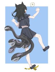 Rule 34 | 1girl, absurdres, animal ears, bad id, bad twitter id, banana peel, black footwear, black hair, black shirt, black skirt, blue background, border, cat ears, earrings, extra mouth, from behind, highres, jewelry, long hair, megame (okbnkn), multiple tails, open mouth, original, pleated skirt, school uniform, serafuku, shirt, shoes, simple background, skirt, slipping, solo, standing, standing on one leg, tail, tail mouth, white border, yellow eyes