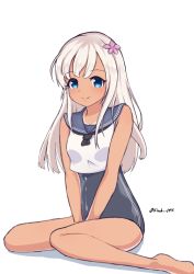 Rule 34 | 1girl, absurdres, black neckerchief, blonde hair, blue eyes, blue one-piece swimsuit, blue sailor collar, crop top, flower, hair flower, hair ornament, highres, kantai collection, kirchoff, looking at viewer, neckerchief, one-hour drawing challenge, one-piece swimsuit, one-piece tan, ro-500 (kancolle), sailor collar, school swimsuit, shirt, simple background, sitting, sleeveless, sleeveless shirt, solo, swimsuit, swimsuit under clothes, tan, tanline, wariza, white background, white shirt