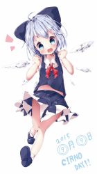 Rule 34 | 1girl, ahoge, akisha, bad id, bad pixiv id, blue eyes, blue hair, bow, cirno, fang, hair bow, head tilt, heart, heart in mouth, highres, ice, ice wings, looking at viewer, matching hair/eyes, midriff, open mouth, puffy short sleeves, puffy sleeves, shirt, short hair, short sleeves, silver hair, simple background, skirt, skirt set, smile, solo, touhou, upskirt, vest, wings