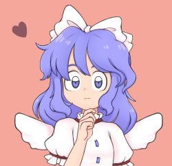 Rule 34 | 1girl, :|, angel wings, blue eyes, blue hair, bow, breasts, buttons, closed mouth, commentary, dress, feathered wings, frilled sleeves, frills, hair bow, hand on own chin, heart, highres, keb00b, light blue hair, looking at viewer, mai (touhou), medium hair, pink background, puffy short sleeves, puffy sleeves, short sleeves, simple background, small breasts, touhou, touhou (pc-98), upper body, white bow, white dress, white wings, wings