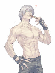 1boy abs bishounen blue_eyes dante_(devil_may_cry) demon_boy devil_may_cry devil_may_cry_(series) devil_may_cry_3 eating fingerless_gloves food gloves holding holding_food holding_pizza male_focus muscular muscular_male pizza smile solo talgi toned toned_male topless_male upper_body white_hair