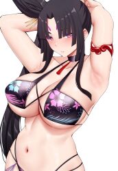 Rule 34 | 1girl, alternate costume, arind yudha, arm strap, armpits, arms up, bare shoulders, bikini, breasts, cleavage, collarbone, fate/grand order, fate (series), hair bun, hair ornament, highres, large breasts, long hair, looking at viewer, navel, parted bangs, parted lips, purple bikini, purple eyes, purple lips, red pupils, sidelocks, simple background, single hair bun, solo, stomach, swimsuit, taira no kagekiyo (fate), underboob, upper body, ushiwakamaru (fate), white background