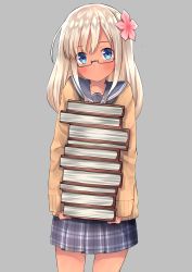 Rule 34 | 10s, 1girl, absurdres, alternate costume, bespectacled, blonde hair, blue eyes, blush, book, book stack, cardigan, carrying, commentary request, cowboy shot, flower, glasses, go-1, grey background, hair flower, hair ornament, head tilt, highres, holding, holding book, kantai collection, pleated skirt, ro-500 (kancolle), school uniform, semi-rimless eyewear, skirt, solo, tan
