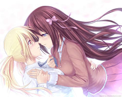 Rule 34 | 2girls, atomix, blonde hair, blue eyes, blush, brown hair, eye contact, face-to-face, female focus, hair ribbon, holding hands, hug, imminent kiss, long hair, looking at another, multiple girls, original, pulling, ribbon, school uniform, skirt, twintails, very long hair, watermark, web address, yellow eyes, yuri
