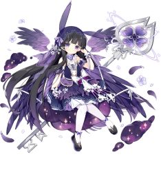 Rule 34 | 1girl, abaddon (ark order), animal ears, ark order, bare shoulders, black footwear, black hair, blunt bangs, bow, bug, butterfly, detached sleeves, detached wings, dress, dress bow, fake animal ears, falling feathers, falling petals, feathered wings, feathers, flower, footwear bow, frilled dress, frills, full body, hair bow, hair ornament, hairclip, hime cut, holding, holding key, insect, key, layered dress, long hair, looking at viewer, official art, oversized object, pantyhose, petals, purple bow, purple dress, purple wings, see-through, short sleeves, sidelocks, smoke, solo, sparkle, tachi-e, transparent background, tsukimi (xiaohuasan), veil, very long hair, white bow, white flower, white pantyhose, wings, wrist cuffs