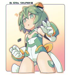 Rule 34 | 1girl, bare shoulders, character name, commentary request, cropped legs, desktop army, elbow gloves, gloves, green eyes, green hair, hair between eyes, headgear, leotard, mawaru (mawaru), notice lines, orange outline, outline, parted lips, solo, standing, sylphy (desktop army), white gloves, white leotard, white outline