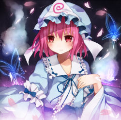 Rule 34 | 1girl, ascot, bad id, bad pixiv id, bug, butterfly, female focus, frills, gradient background, hat, hinase haruka, insect, petals, pink hair, red eyes, saigyouji yuyuko, short hair, smile, solo, touhou
