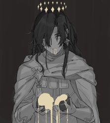 Rule 34 | 1boy, apple, armor, black background, brown eyes, cloak, constantine xi (fate), curtained hair, dripping, earrings, fate/grand order, fate (series), food, fruit, gloves, greyscale, hair between eyes, halo, highres, holding, holding food, holding fruit, huzishiro, jewelry, liquid, liquid from mouth, long hair, looking at viewer, male focus, monochrome, rolling eyes, sanpaku, simple background, solo, spot color, tassel, upper body