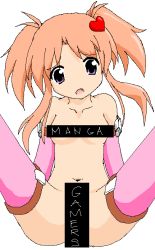 Rule 34 | 1girl, :o, antenna hair, blue eyes, breasts, brown hair, censored, censored nipples, collarbone, elbow gloves, fang, female focus, flat chest, gloves, hair ornament, heart, long hair, manga gamer, mangagamer, navel, novelty censor, nude, oekaki, open mouth, orange hair, parted bangs, pink thighhighs, purple eyes, quad tails, short twintails, simple background, sitting, small breasts, solo, spread legs, thighhighs, twintails, white background
