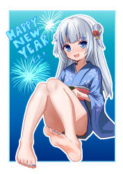 Rule 34 | 1girl, absurdres, bare legs, barefoot, blue background, blue hair, blue kimono, blunt bangs, blush, border, commentary, convenient leg, english commentary, fang, feet, fireworks, floral print, full body, gawr gura, gradient background, grey hair, hair ornament, highres, hololive, hololive english, japanese clothes, kimono, knees together feet apart, knees up, legs, long hair, looking at viewer, malnourishd1, multicolored hair, nail polish, obi, open mouth, outline, sash, shadow, shark print, shiny skin, sidelocks, sitting, skin fang, soles, solo, streaked hair, thighs, toenail polish, toenails, toes, two side up, virtual youtuber, white border, white outline, wide sleeves, yukata