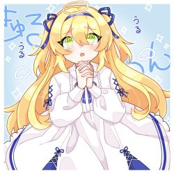 Rule 34 | 1girl, blonde hair, blue background, commentary, cowboy shot, dokibird (vtuber), dress, english commentary, gin gin gitsune, green eyes, halo, highres, indie virtual youtuber, long hair, long sleeves, looking at viewer, open mouth, own hands clasped, own hands together, solo, tearing up, virtual youtuber, white dress