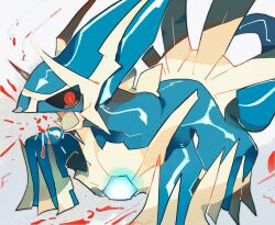 Rule 34 | akadako, animal focus, bags under eyes, black sclera, blue gemstone, blue pupils, breath weapon, charging (attack), colored sclera, creatures (company), dialga, game freak, gem, gen 4 pokemon, glowing, legendary pokemon, looking at viewer, nintendo, no humans, one-hour drawing challenge, open mouth, pokemon, pokemon (creature), powering up, red eyes, slit pupils, solo, standing