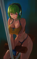 Rule 34 | 1girl, breasts, cleavage, exercise machine, fingerless gloves, gloves, green hair, hair between eyes, headphones, large breasts, last origin, looking at viewer, mighty r, nyanom, open mouth, sitting, smile, solo, sports bikini, sports bra, sweat, toned, v arms