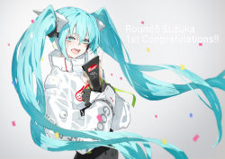 Rule 34 | 1girl, aqua eyes, aqua hair, black bodysuit, black gloves, bodysuit, commentary, confetti, copyright name, covered navel, cropped jacket, crying, crying with eyes open, english commentary, english text, flame print, floating hair, gloves, goodsmile racing, green gloves, green ribbon, grey background, hair between eyes, happy tears, hatsune miku, high collar, highres, holding, holding trophy, jacket, leaning back, long hair, long sleeves, looking at viewer, neco, open mouth, racing miku, racing miku (2022), ribbon, simple background, smile, smiley face, solo, tears, trophy, twintails, two-tone gloves, upper body, very long hair, vocaloid, white jacket