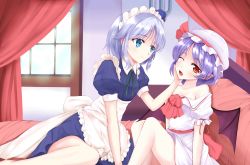 Rule 34 | 2girls, bad id, bad pixiv id, bat wings, blue eyes, braid, hand on another&#039;s face, hat, highres, izayoi sakuya, maid, maid headdress, multiple girls, one eye closed, open mouth, pointy ears, purple hair, red eyes, remilia scarlet, ribbon, short hair, silver hair, smile, touhou, twin braids, wendell, wings