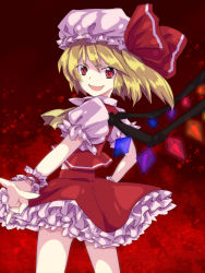 Rule 34 | 1girl, bad id, bad pixiv id, blonde hair, blouse, embodiment of scarlet devil, female focus, flandre scarlet, from side, gradient background, hat, kanazawa hiromu, mob cap, puresmile, red background, red eyes, shirt, solo, touhou, white hat, white shirt, wings