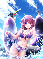 Rule 34 | absurdres, bare shoulders, beach, bikini, black hair, blue sky, breasts, brown hair, cleavage, cloud, daggers, feet, frilled bikini, frills, gun, hair ornament, hairclip, happy, highres, if (neptunia), long hair, nepgear, neptune (series), ocean, open mouth, purple eyes, purple hair, ribbon, sandals, sky, small breasts, ssal3000, swimsuit, thighs, tsundere, twintails, two side up, uni (neptunia), very long hair, water, weapon
