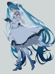 Rule 34 | 1girl, alternate costume, aqua eyes, aqua hair, bare shoulders, book, boots, bow, bowtie, commentary, detached sleeves, dress, english commentary, flute, frilled dress, frills, from side, full body, gloves, grey background, hatsune miku, headdress, hexagram, highres, holding, holding book, instrument, long hair, looking at viewer, michiki kokuyou, neckerchief, parted lips, thigh boots, thighhighs, twintails, very long hair, vocaloid, walking, white bow, white dress, white gloves, white neckwear, white sleeves, white thighhighs, yuki miku, yuki miku (2020), yuki miku (2020) (candidate no.5)