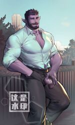 Rule 34 | 1boy, against fence, baimeme, bara, beard, bursting pectorals, collared shirt, colored skin, commission, cup, facial hair, feet out of frame, fence, flaccid, hair slicked back, hand in pocket, highres, holding, holding cup, large pectorals, looking at viewer, male focus, mature male, mug, muscular, muscular male, mustache, oc (eros-cogito), open fly, original, partially unbuttoned, pectoral cleavage, pectorals, penis, pointy ears, purple eyes, purple skin, shirt, short hair, sleeves rolled up, solo, standing, thick eyebrows, thick thighs, thighs, veins, veiny penis