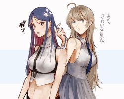 Rule 34 | 2girls, ahoge, bare shoulders, black neckwear, blue eyes, blue hair, blue neckwear, breasts, grey hair, hand in another&#039;s hair, highres, kantai collection, large breasts, long hair, midriff, multicolored hair, multiple girls, navel, necktie, nidou, open mouth, parted lips, red hair, simple background, skirt, sleeveless, south dakota (kancolle), star (symbol), translated, two-tone background, washington (kancolle), white hair