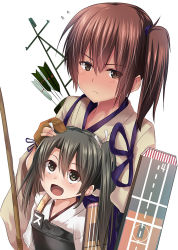 Rule 34 | &gt;:(, 10s, 2girls, arrow (projectile), blush, bow (weapon), brown eyes, brown hair, child, cradling head, flight deck, flying sweatdrops, frown, full-face blush, gloves, grey hair, hair ribbon, hand on another&#039;s head, height difference, japanese clothes, kaga (kancolle), kantai collection, leaning back, leaning on person, long hair, looking at another, looking up, multiple girls, muneate, open mouth, partially fingerless gloves, partly fingerless gloves, pointy ears, polearm, quiver, ribbon, short hair, side ponytail, simple background, spear, tai (nazutai), tasuki, twintails, upper body, v-shaped eyebrows, weapon, white background, aged down, yugake, zuikaku (kancolle)