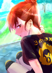 Rule 34 | 1girl, absurdres, akisame kanon, black shirt, blush, breasts, brown eyes, brown hair, cloud, commentary request, creatures (company), day, eyelashes, game freak, gloria (pokemon), grass, hand on own neck, highres, huge filesize, knee pads, looking at viewer, looking back, nintendo, outdoors, parted lips, pokemon, pokemon swsh, shirt, short hair, short sleeves, sky, solo, sweat, teeth, tree