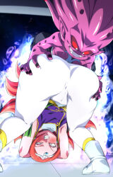 Rule 34 | 1boy, 1girl, ass, blue eyes, breasts, closed mouth, colored skin, covered erect nipples, dragon ball, dragon ball heroes, earrings, jewelry, long hair, looking at viewer, monster, pink skin, pointy ears, potara earrings, red eyes, rom (20), sitting, small breasts, smile, thighhighs, wairu
