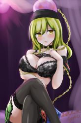Rule 34 | 1girl, artist name, bare shoulders, black shirt, blonde hair, blush, bra, breasts, chain, cleavage, clothes writing, collar, collarbone, crossed legs, dark background, dated, earth (ornament), hand on own chest, hecatia lapislazuli, hecatia lapislazuli (moon), highres, hisin, large breasts, medium hair, moon (ornament), multicolored clothes, multicolored skirt, off-shoulder shirt, off shoulder, shirt, signature, skirt, smile, standing, t-shirt, thighhighs, touhou, underwear, yellow eyes