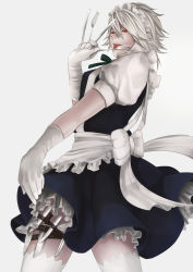 Rule 34 | 1girl, bad id, bad pixiv id, braid, cropped legs, female focus, fork, highres, holster, izayoi sakuya, knife, maid, maid headdress, pochiharu, red eyes, short hair, silver hair, solo, embodiment of scarlet devil, thigh holster, throwing knife, tongue, touhou, twin braids, weapon