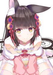 Rule 34 | 1girl, 1other, animal ear fluff, animal ears, azur lane, bare shoulders, blush, commentary request, flat chest, fox ears, fox girl, frilled sleeves, frills, fur trim, hair ornament, hand on another&#039;s head, highres, long hair, miporinrpg, nagato (azur lane), sleeveless, smile, solo focus, striped clothes, striped legwear, striped thighhighs, thighhighs, white background, yellow eyes