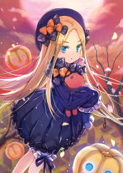 Rule 34 | 1girl, abigail williams (fate), bare tree, black bow, black dress, black hat, blonde hair, bloomers, blue eyes, bow, bug, butterfly, cloud, cloudy sky, commentary request, dress, fate/grand order, fate (series), hair bow, hat, hugging object, insect, jack-o&#039;-lantern, jin young-in, long hair, long sleeves, looking at viewer, noose, orange bow, outdoors, parted bangs, parted lips, polka dot, polka dot bow, rope, sky, sleeves past wrists, solo, stuffed animal, stuffed toy, teddy bear, tree, underwear, v-shaped eyebrows, very long hair, white bloomers