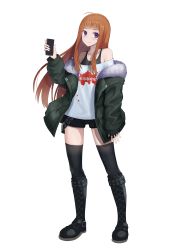 Rule 34 | 1girl, absurdres, ahoge, black camisole, boots, camisole, cellphone, coat, cross-laced footwear, fur-trimmed jacket, fur trim, green coat, green jacket, highres, jacket, lace-up boots, looking at viewer, orange hair, persona, persona 5, phone, purple eyes, sakura futaba, shorts, smartphone, solo, thighhighs