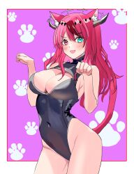 Rule 34 | 1girl, :3, animal ear fluff, animal ears, atto silia, bare hips, bare shoulders, blue eyes, blush, breasts, cat ears, cat tail, cleavage, cleavage cutout, clothing cutout, contrapposto, covered navel, cowboy shot, fang, halo, heterochromia, highleg, highleg swimsuit, highres, hololive, hololive english, irys (hololive), kemonomimi mode, large breasts, long hair, looking at viewer, one-piece swimsuit, open mouth, paw pose, paw print, paw print background, pink eyes, red hair, sideboob, smile, solo, swimsuit, tail, turtleneck, turtleneck one-piece swimsuit, virtual youtuber