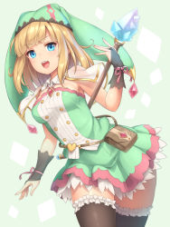 Rule 34 | 1girl, :d, black gloves, black thighhighs, blonde hair, blue eyes, blush, breasts, cowboy shot, fingerless gloves, frilled thighhighs, frills, gloves, holding, holding staff, looking at viewer, medium breasts, open mouth, original, pouch, sasaame, smile, solo, staff, standing, thighhighs, thighs