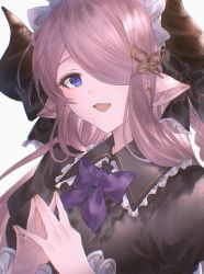Rule 34 | absurdres, alternate costume, bad id, bad pixiv id, black dress, blue eyes, braid, breasts, collar, demon horns, draph, dress, granblue fantasy, hair over one eye, highres, horns, large breasts, light purple hair, long hair, looking at viewer, low tied hair, narmaya (granblue fantasy), own hands together, purple hair, ribbon, single braid, solo, white background, yct (yoct o)