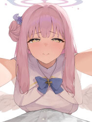 Rule 34 | 1boy, 1girl, absurdres, blush, breasts, capelet, dress, hair bun, halo, hetero, highres, inakanoinonaka, looking at viewer, medium breasts, mika (blue archive), pink hair, pov, reaching, reaching towards viewer, sensei (blue archive), simple background, single side bun, solo focus, white background, white capelet, white dress