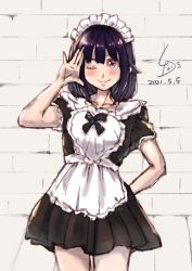 Rule 34 | 1girl, ahoge, alternate costume, apron, artist logo, black dress, black hair, brick wall, commentary request, cowboy shot, dated, dress, enmaided, frilled apron, frills, hair flaps, highres, kantai collection, ld (luna dial398), low twintails, maid, one-hour drawing challenge, one eye closed, red eyes, solo, taigei (kancolle), twintails, white apron