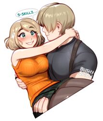 Rule 34 | 1boy, 1girl, arms around neck, ashley graham, bare arms, bare shoulders, blonde hair, blushyspicy, breasts, carrying, fingerless gloves, gloves, grin, highres, large breasts, leon s. kennedy, looking at another, pantyhose, princess carry, resident evil, resident evil 4, short hair, smile, sparkle, teeth, torn clothes, torn pantyhose